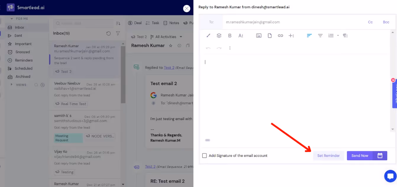 Reminders Feature in Smartlead Master Inbox Sidebar