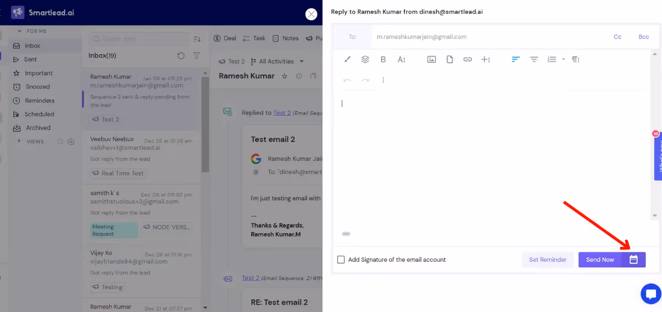 Schedule feature in Smartlead Master Inbox sidebar
