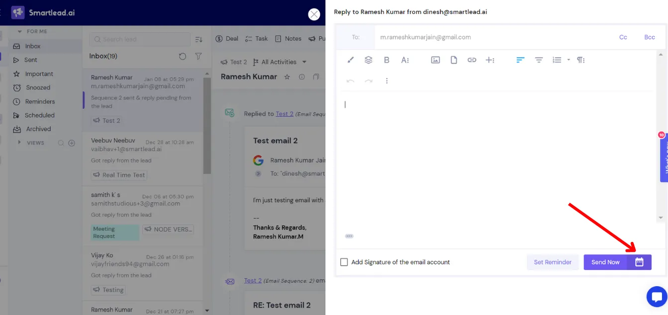 Schedule feature in Smartlead Master Inbox sidebar