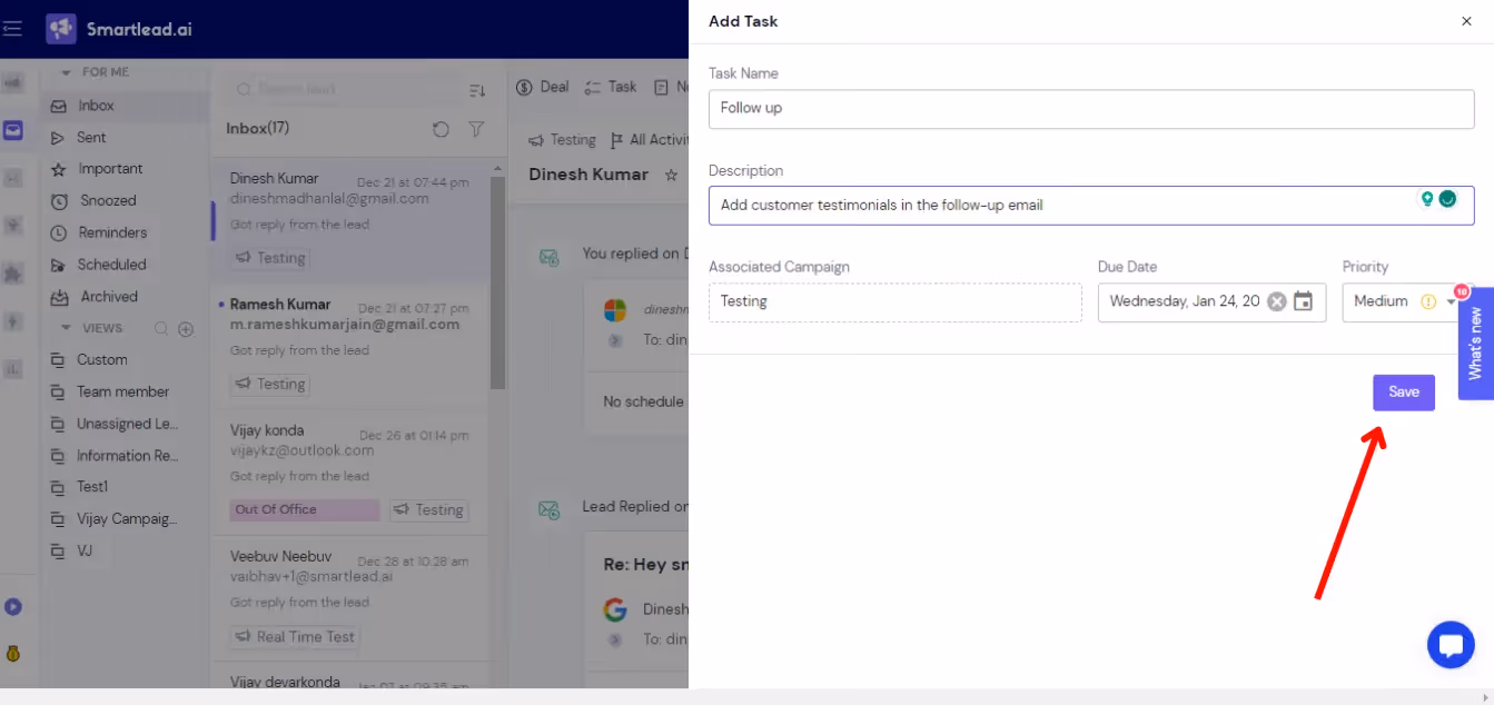 Task creation in Smartlead Master Inbox 3.0 