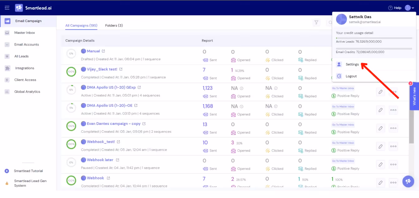 Settings on Smartlead App Dashboard