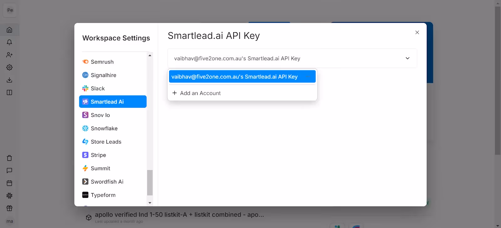 Smartlead and Clay integration API key Screenshot