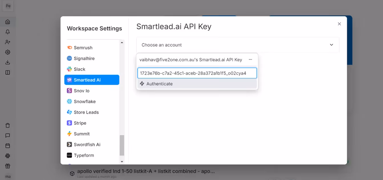 Authenticating API key is Clay.com for integrating Smartlead.ai