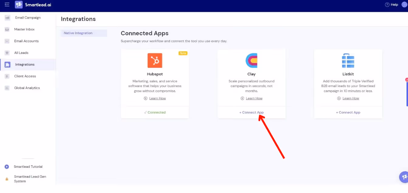 Integrations in Smartlead App Screenshot