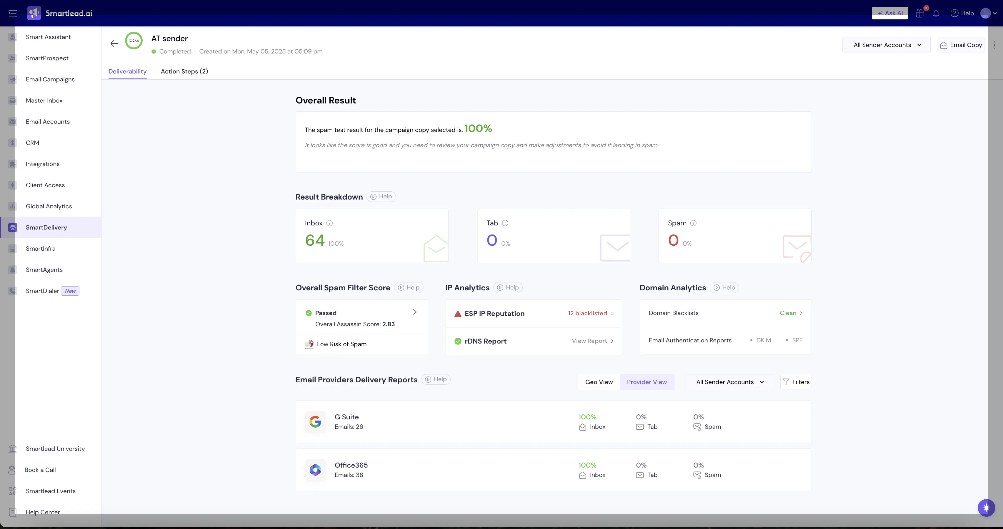 SmartDelivery inbox placement test report showing 100% primary inbox placement across G Suite and Office365.