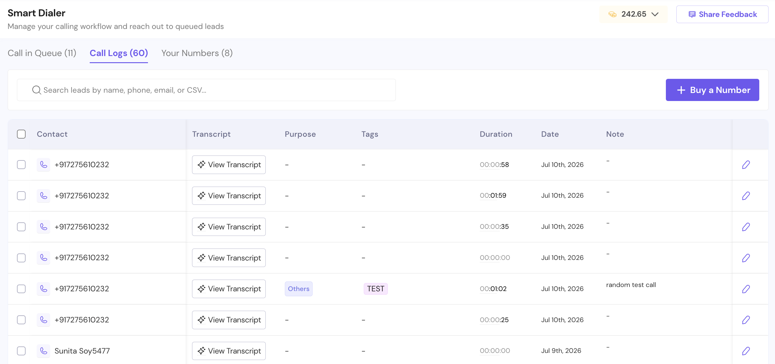 SmartDialer Call Logs