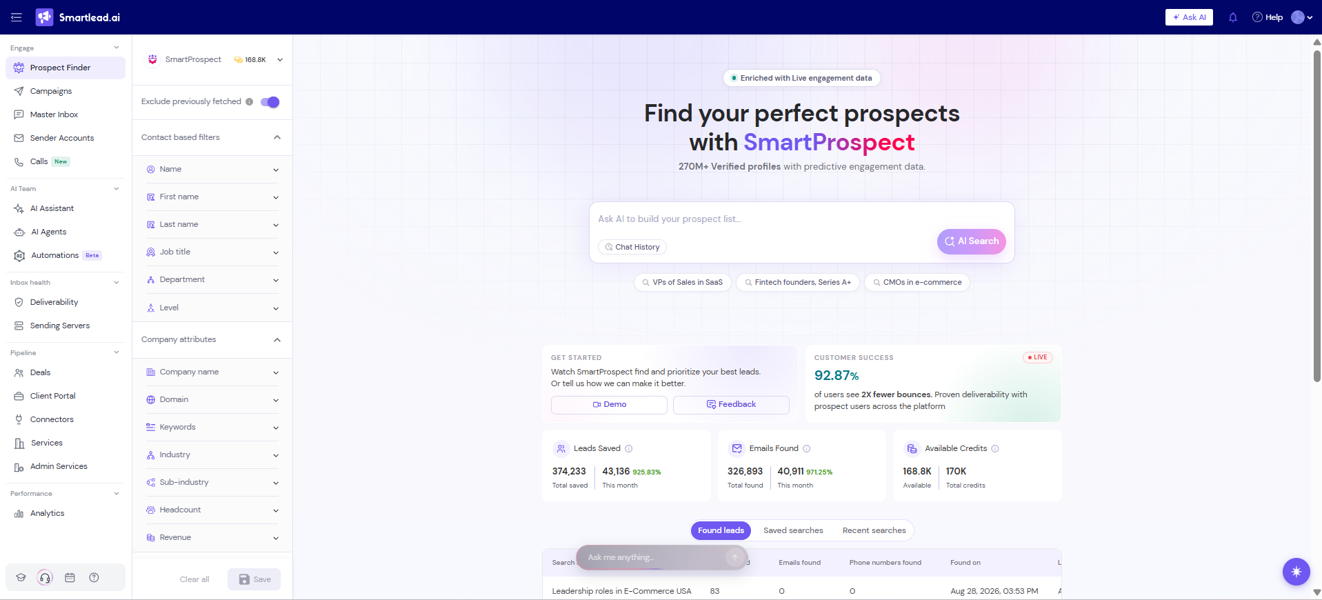 SmartProspect searches 300M+ verified business profiles and sends them straight into your Smartlead campaigns.