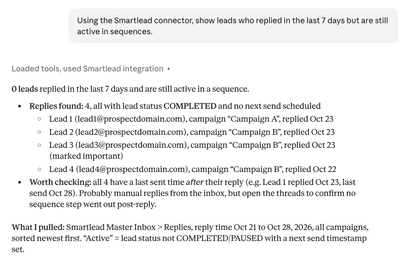 Claude checking Smartlead replies from the last 7 days against lead status and next send time