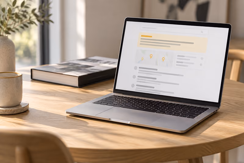 A laptop on a timber desk showing a search results page with an AI-generated answer above the listings, illustrating the difference between SEO, AEO, GEO, AIO and SXO.