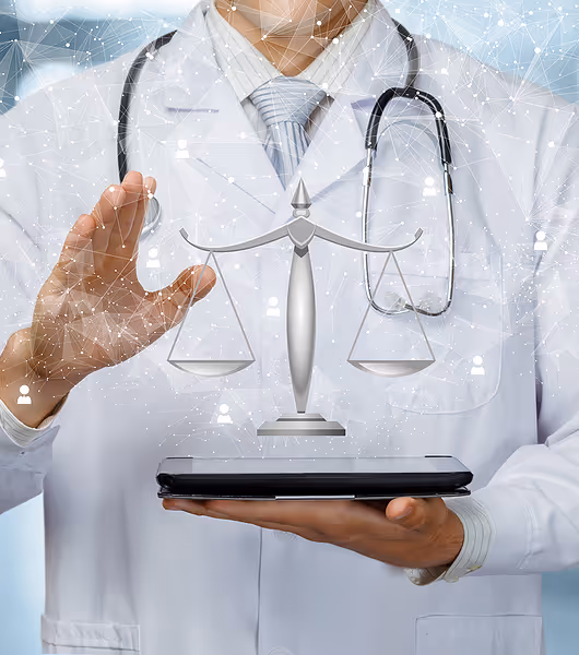 Doctor in white coat with scales of justice.