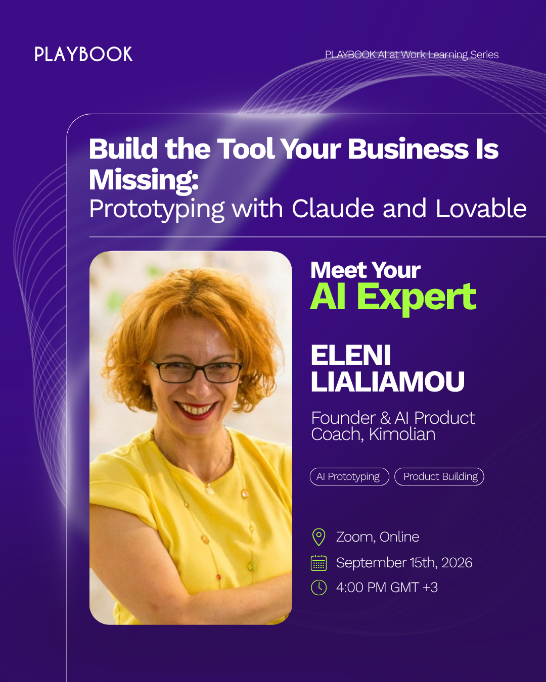 Webinar artwork for Build the Tool Your Business Is Missing with Eleni Lialiamou.