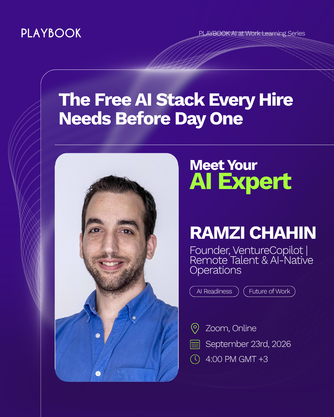 Webinar artwork for The Free AI Stack Every Hire Needs Before Day One with Ramzi Chahin.