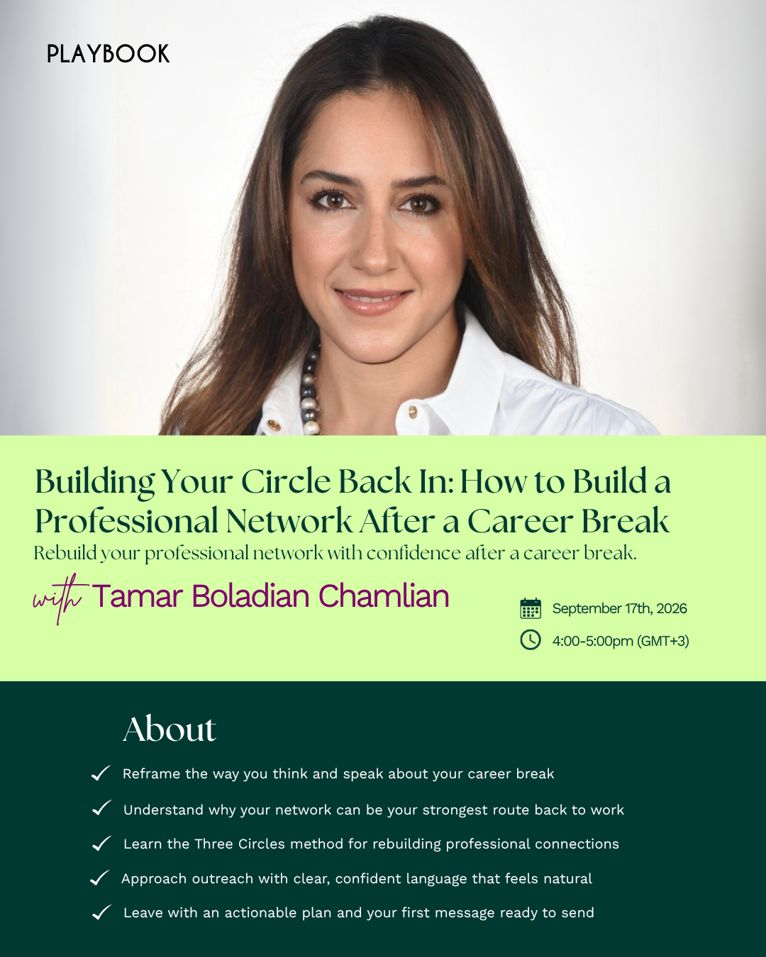 Webinar artwork for Building Your Circle Back In with Tamar Boladian Chamlian.