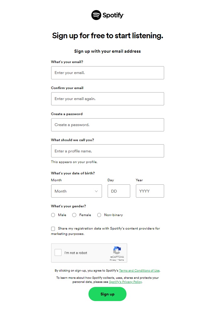 signup form spotify
