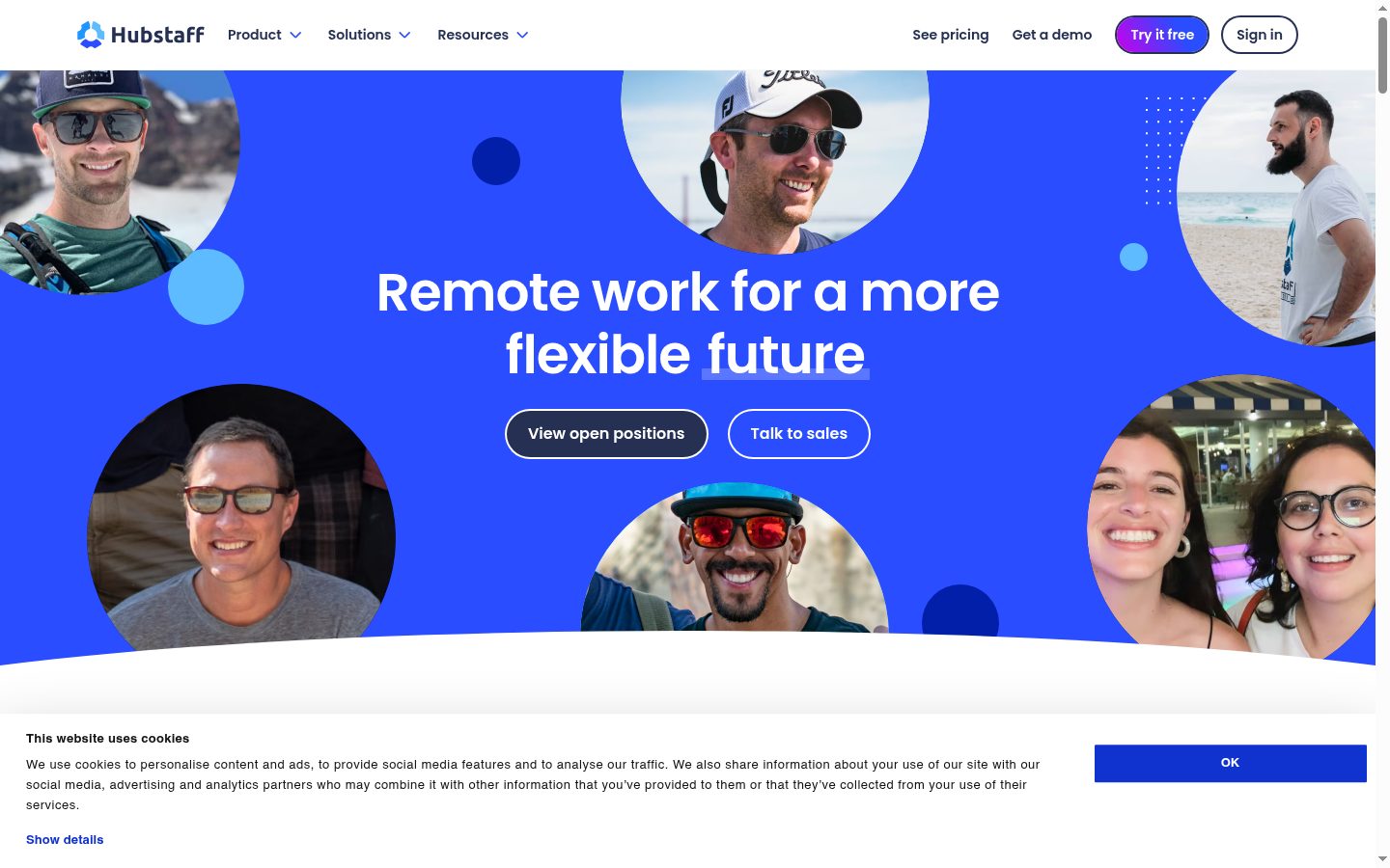 Hubstaff jobs page listing its five named team behaviours, August 2026