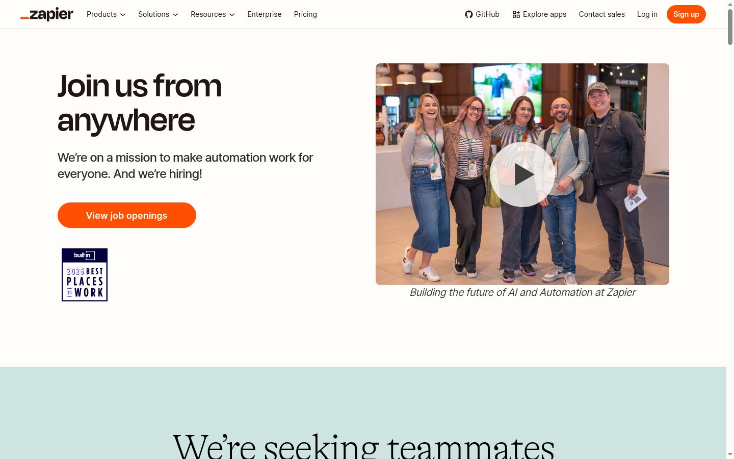 Zapier jobs page describing its hiring process and response SLA, August 2026