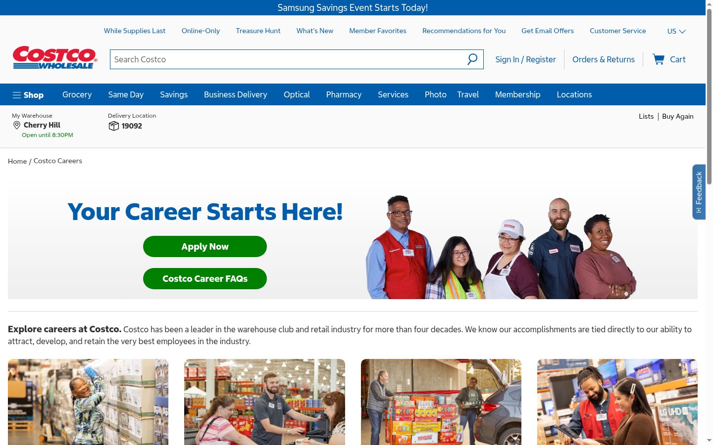 Costco careers page featuring long-tenure employee stories, August 2026