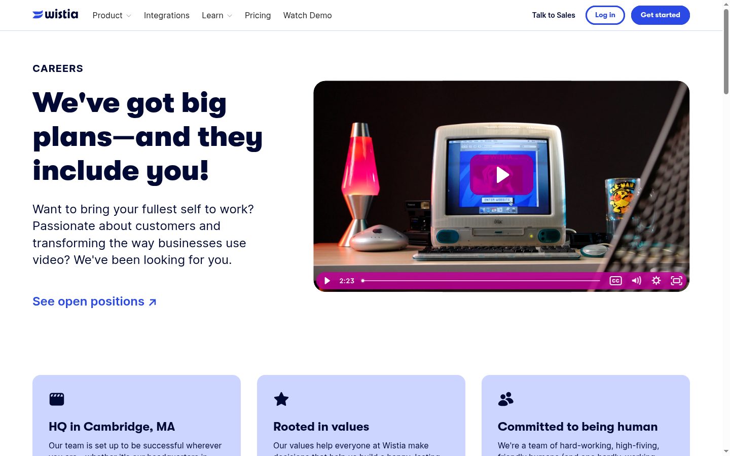 Wistia jobs page showing its team culture and benefits, August 2026