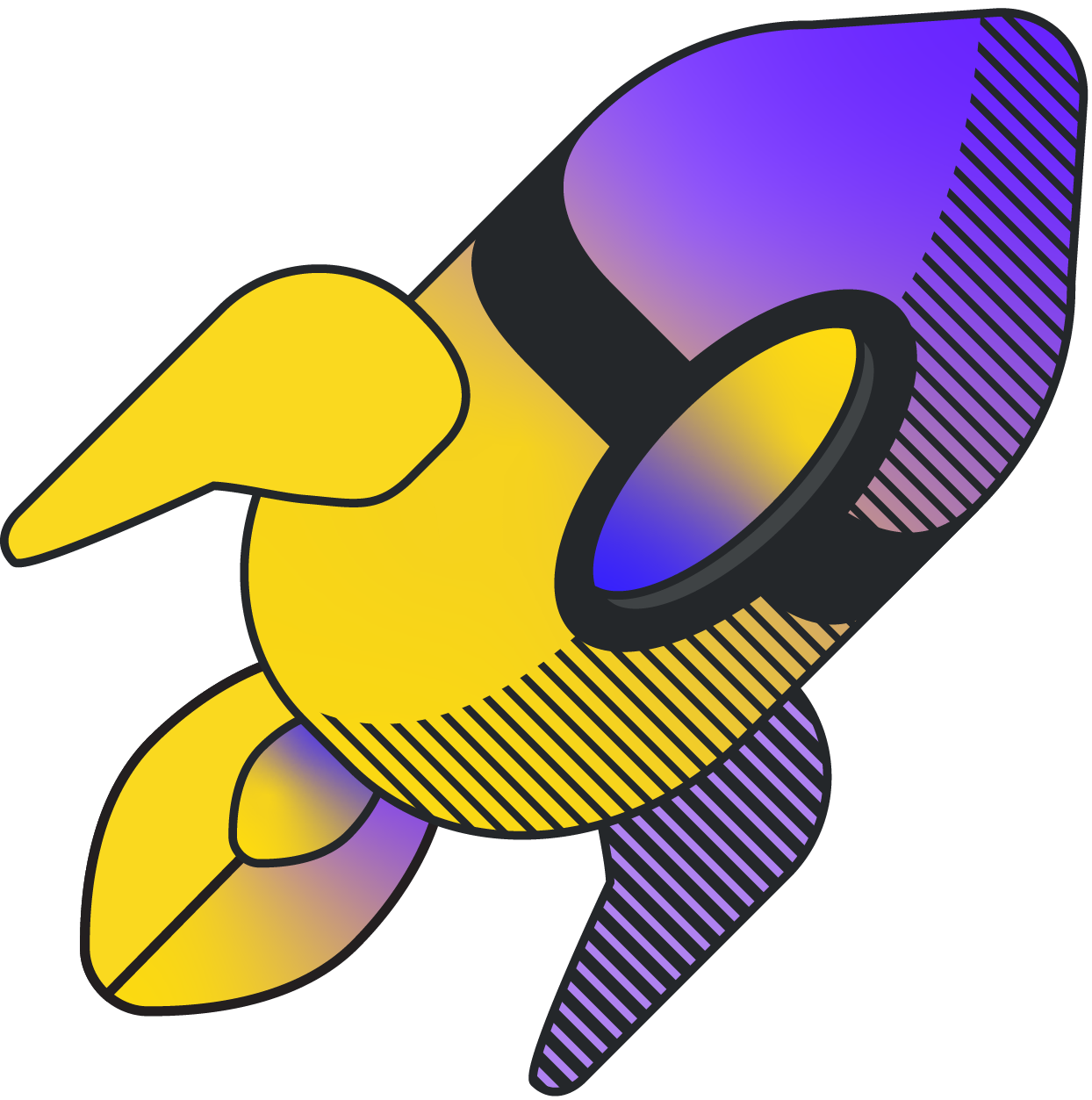 Stylized rocket ship illustration with yellow, purple, and black colors and diagonal striped wing patterns.