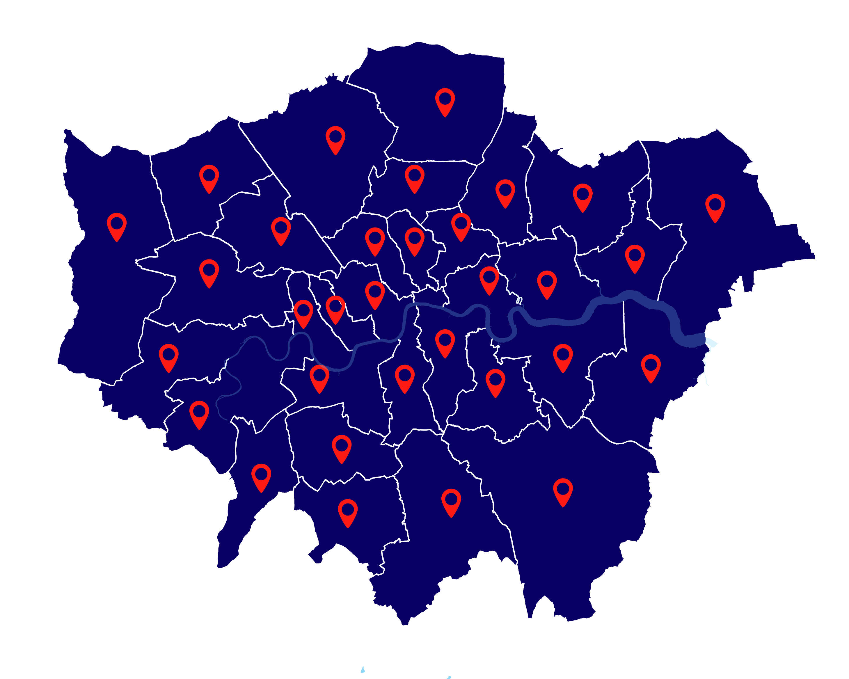 A map of London with red pins