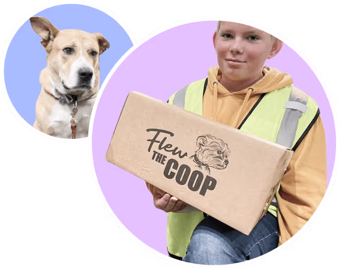 A boy holding a box that says fly the coop.