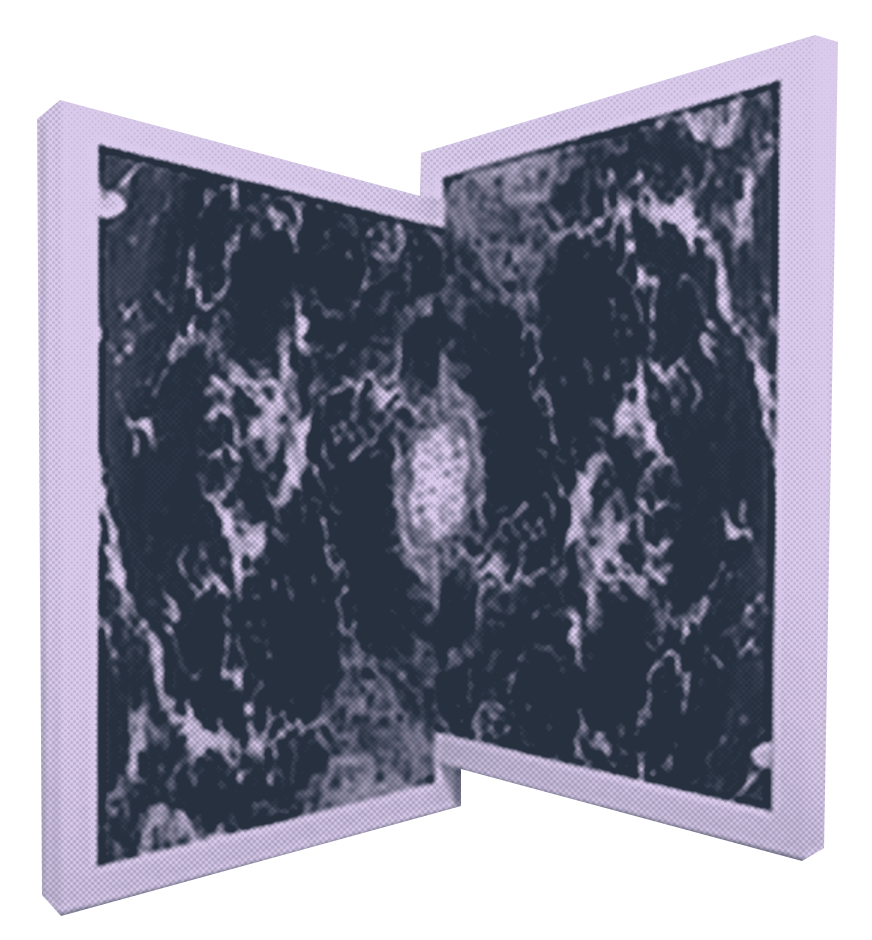 Abstract 2D piece in dark colors with white foam looking swirls in a white frame, hinged in the middle at a 90 degree angle. The right side is slightly higher than the left