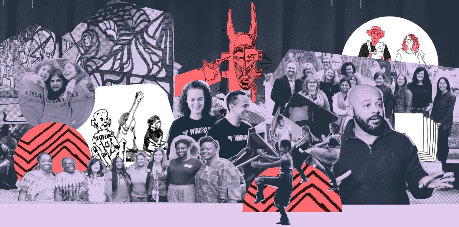 Photo collage featuring people grouped with arms around one another, dancers with legs raised, man with beard gesturing as he speaks. All layered in collage with line illustrations