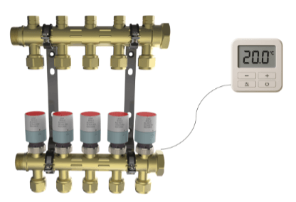 Thermo-electric actuator installed on an underfloor heating valve, controlling water flow in a floor heating system