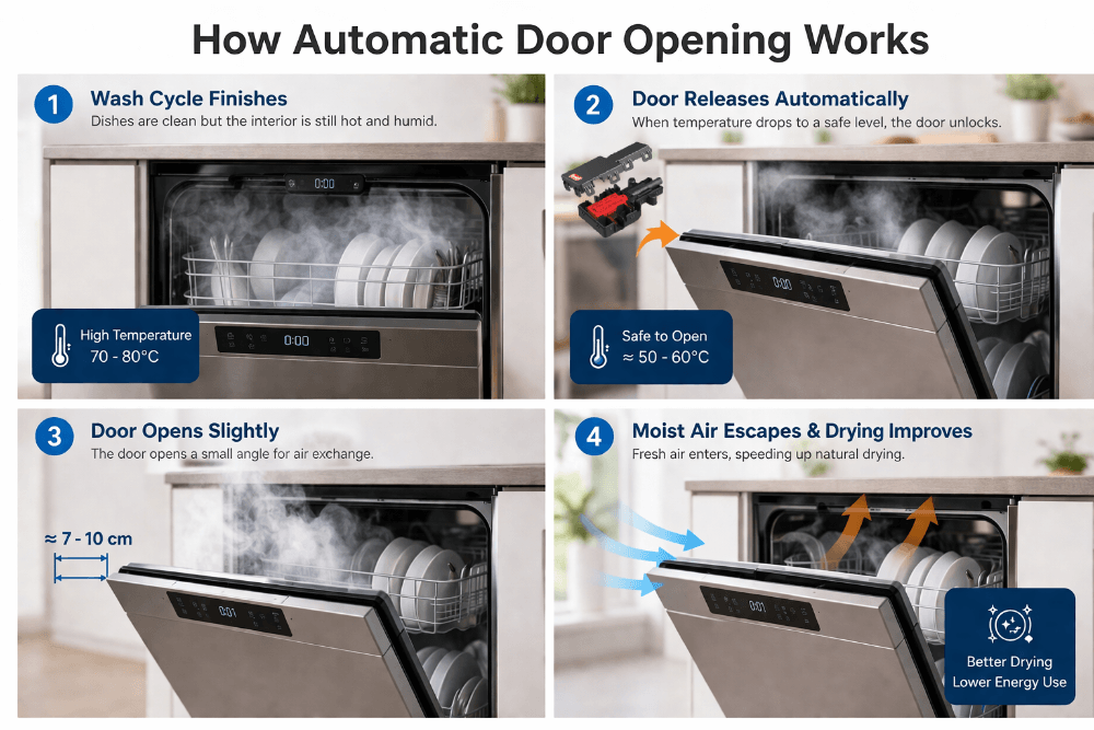 Dishwasher automatic door opening after wash cycle, releasing hot steam to improve drying efficiency