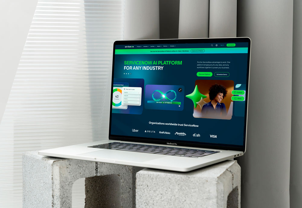 ServiceNow's website on a laptop
