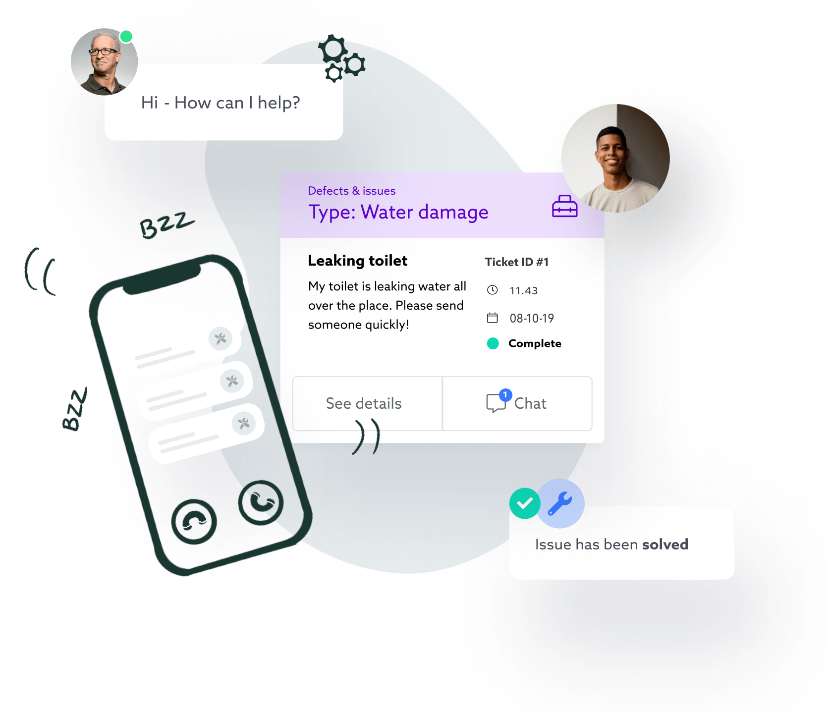 Image of a defect and issue  report for leaking toilet containing a description of leaking toilet that has been solved. Next to the ticket is illustration of buzzing mobile phone.