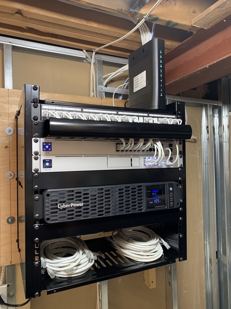 12U network rack with UniFi equipment