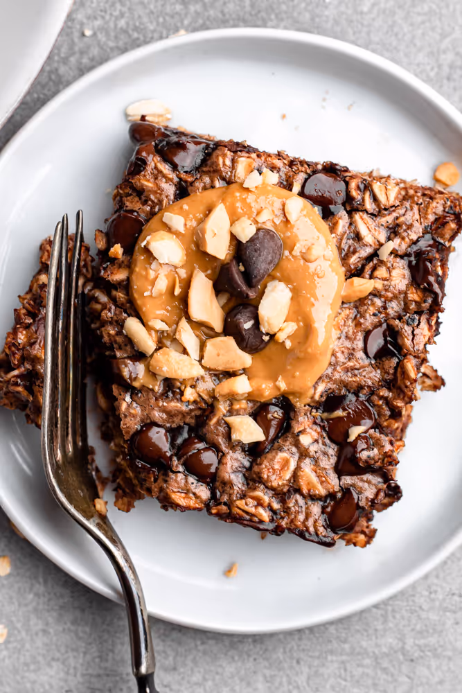 Chocolate baked oatmeal with peanut butter on top