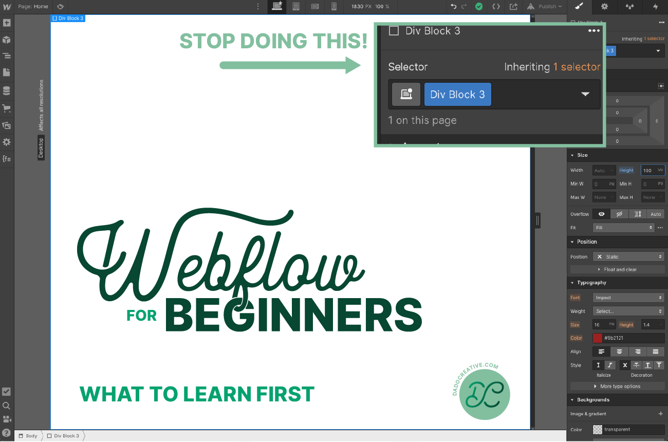 The webflow designer window with the text “Webflow for Beginners: what to learn first”