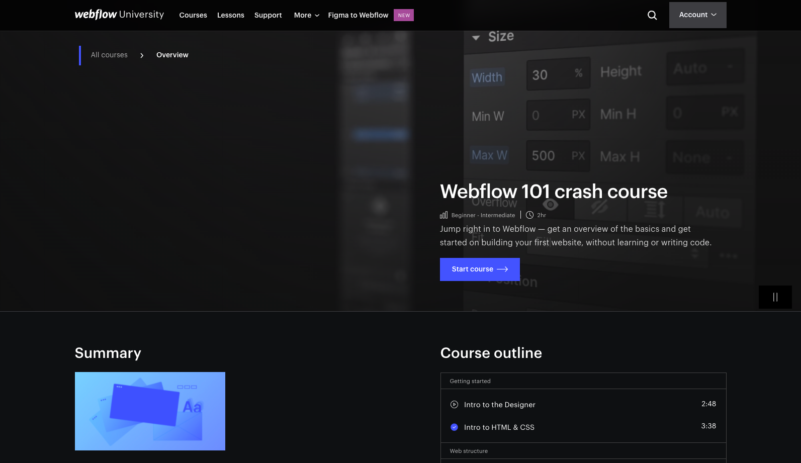 A screenshot of the Webflow University Webflow 101 course