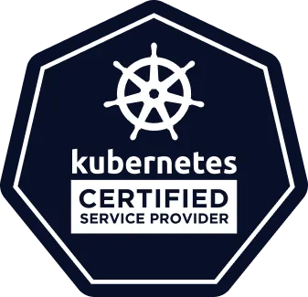 Kubernetes Certified Service Provider badge with ship wheel icon inside a multi-sided dark blue shape.