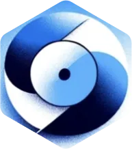 Abstract circular design with blue, black, and white overlapping curved shapes forming a rotating pattern.