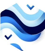 Hexagonal shape with blue and white wavy layers containing dark blue check marks.
