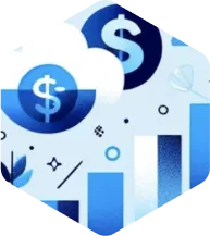 Abstract financial graphic with dollar signs inside cloud shapes and ascending bar charts.