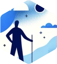 Silhouette of a person holding a walking stick under a crescent moon and stars in a blue-toned night sky with clouds.