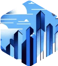 Stylized illustration of blue skyscrapers with clouds and a blue sky in the background.