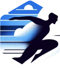 Silhouette of a sprinter leaning forward in a starting position with blue clouds and speed lines in the background.