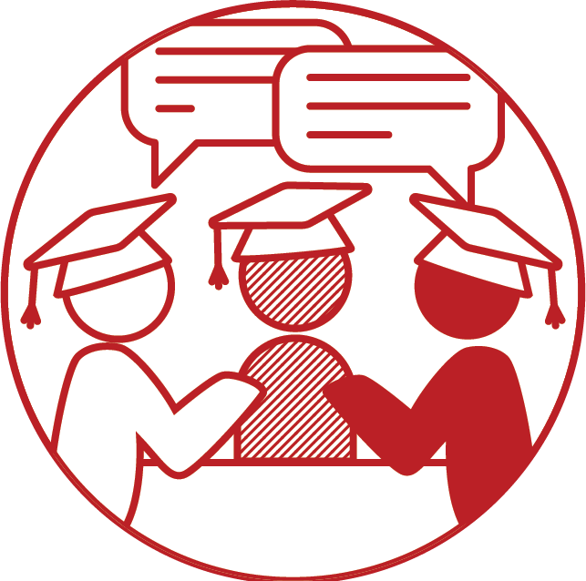 An icon of three students discussing. The figures are in a simple figure design, and feature multiple skin colors.