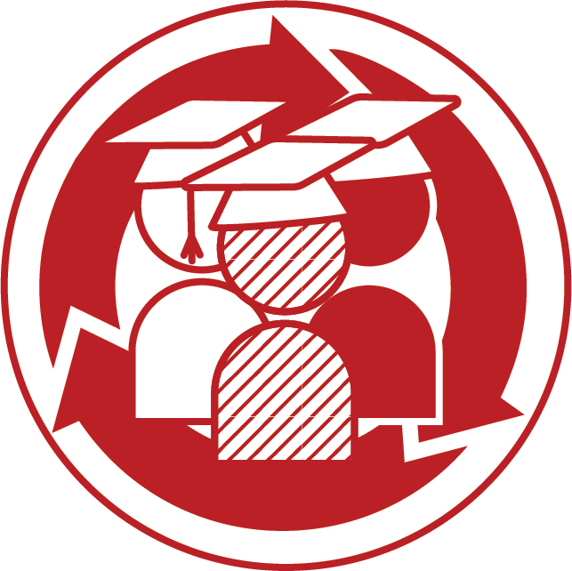 An icon of three students surrounded by arrows which revolve around them. The students are shown in a simplified style and feature various skin tones.