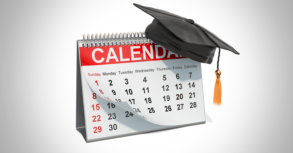 Calendar with a graduation cap, representing college application and financial-aid deadlines