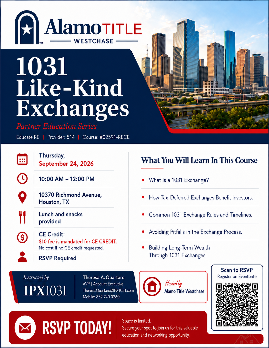 Flyer for a 1031 Like-Kind Exchanges course hosted by Alamo Title Westchase on September 24, 2026