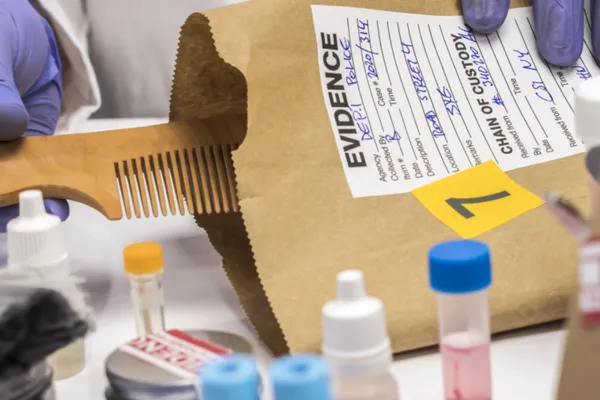 Hands in purple gloves placing a wooden comb into a brown evidence bag labeled with a yellow number 1 marker on a table with various small bottles and containers.