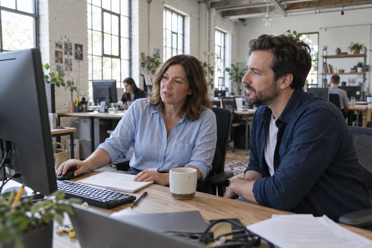 Two colleagues working together at a laptop