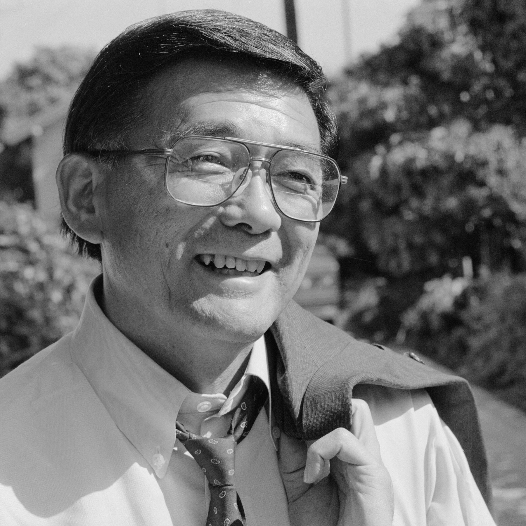 Black and white portrait of Norman Mineta