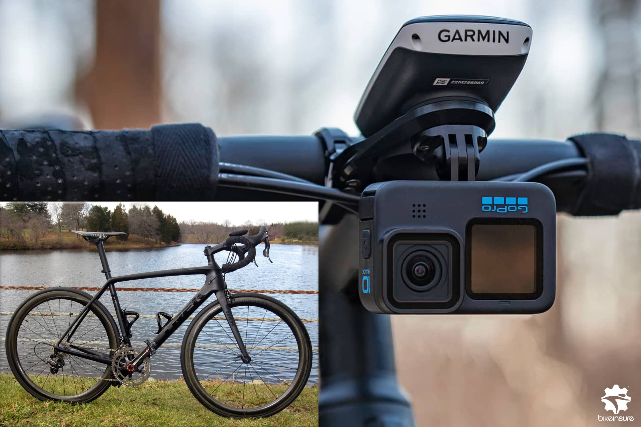 Trek road bike with Zipp wheels, Garmin computer and GoPro camera